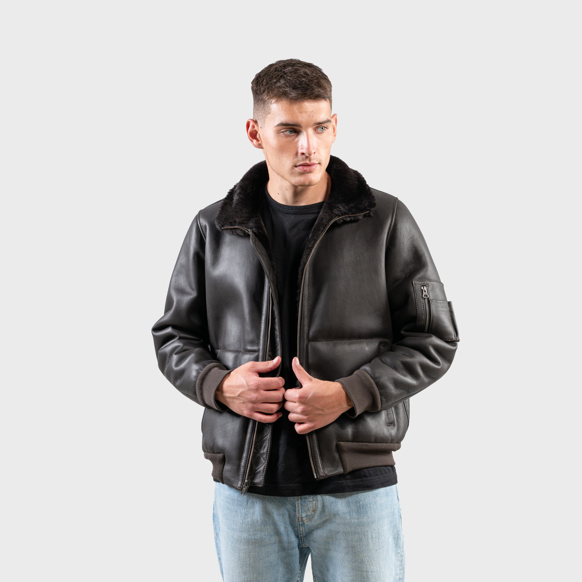 Black Leather Sheepskin Flying Jacket