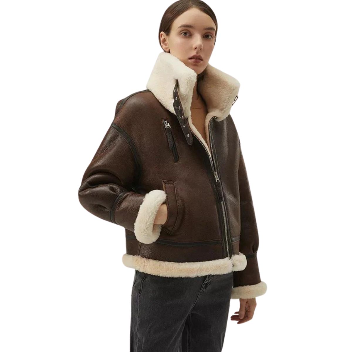 Chocolate Sheepskin Leather Bomber Jacket