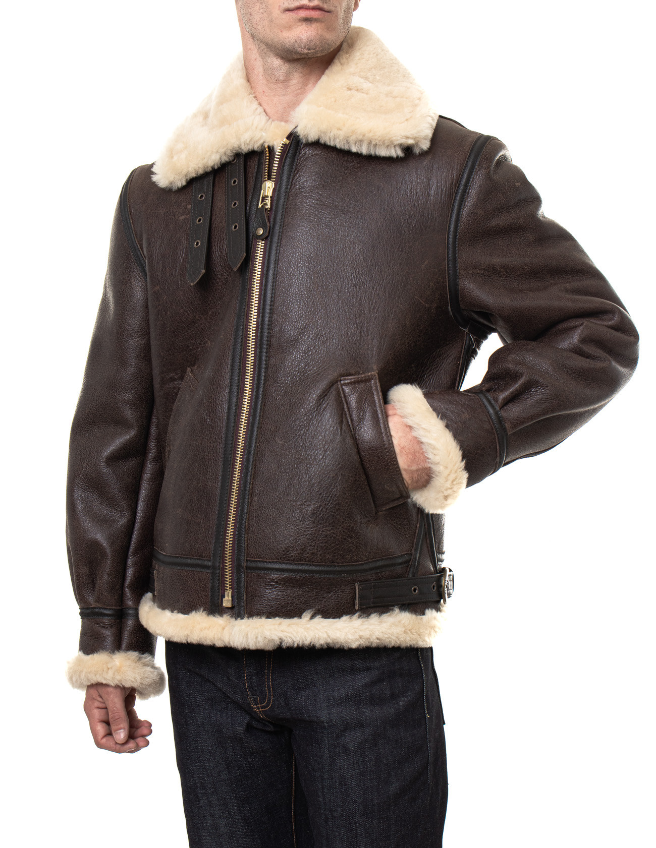 Classic B-3 Sheepskin Leather Bomber Jacket Brown