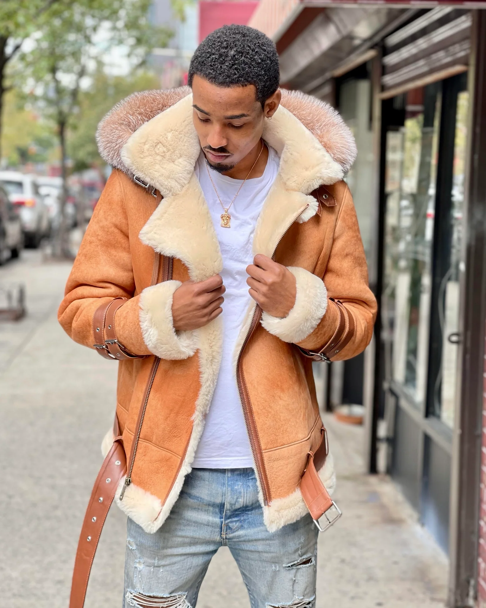 Men Sheepskin Coat With Hood