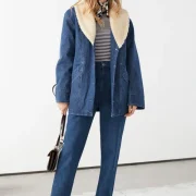 Denim Jacket With Sheepskin Collar Womens