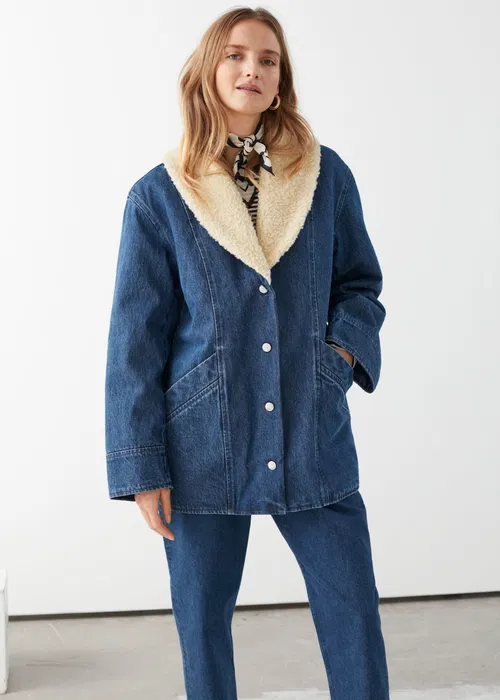 Denim Jacket With Sheepskin Collar Womens