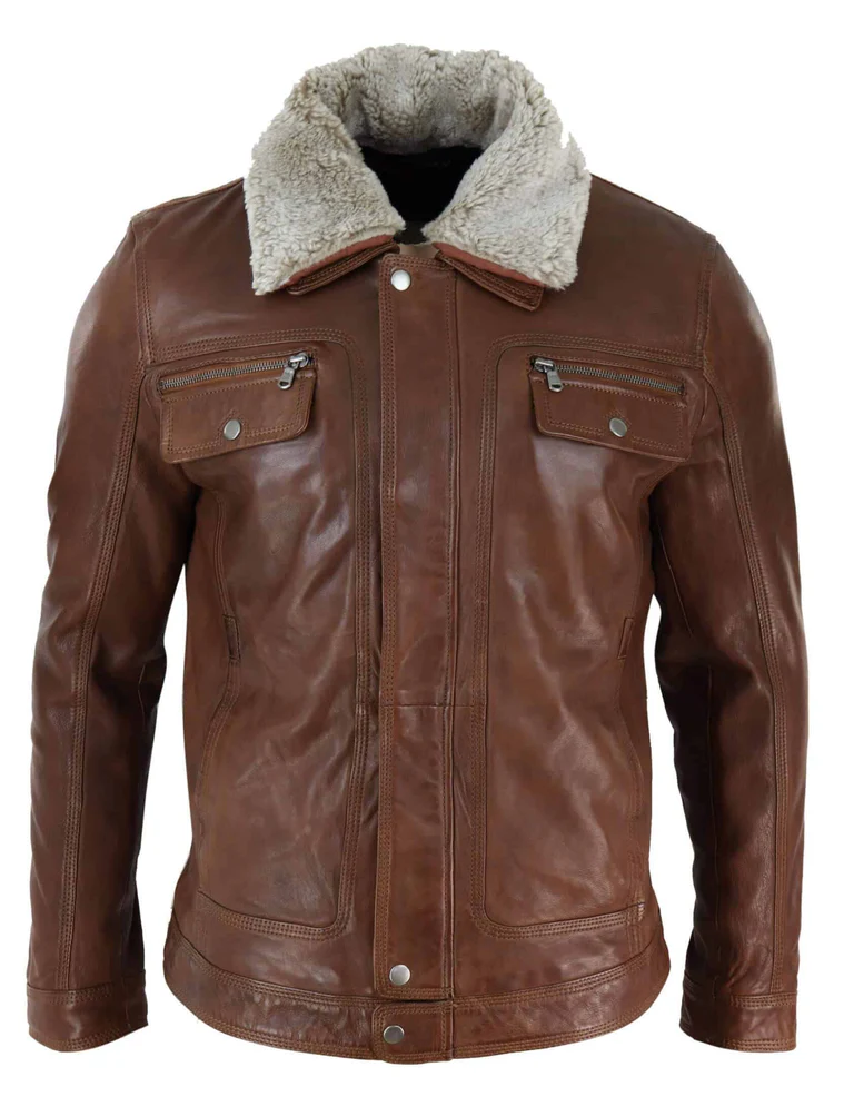 Leather Jacket With Sheepskin Collar Mens