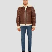 Brown Leather Bomber Jacket With Sheepskin Collar