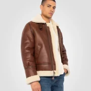 Brown Leather Bomber Jacket With Sheepskin Collar