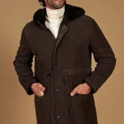 Brown Sheepskin Hood Men's Coat