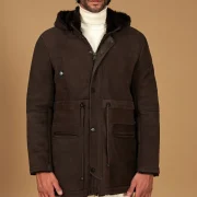 Brown Sheepskin Hood Men's Coat