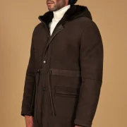 Brown Sheepskin Hood Men's Coat
