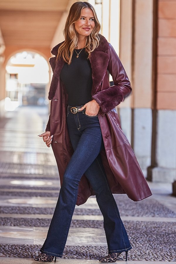 Burgundy Faux Leather And Sheepskin Coat