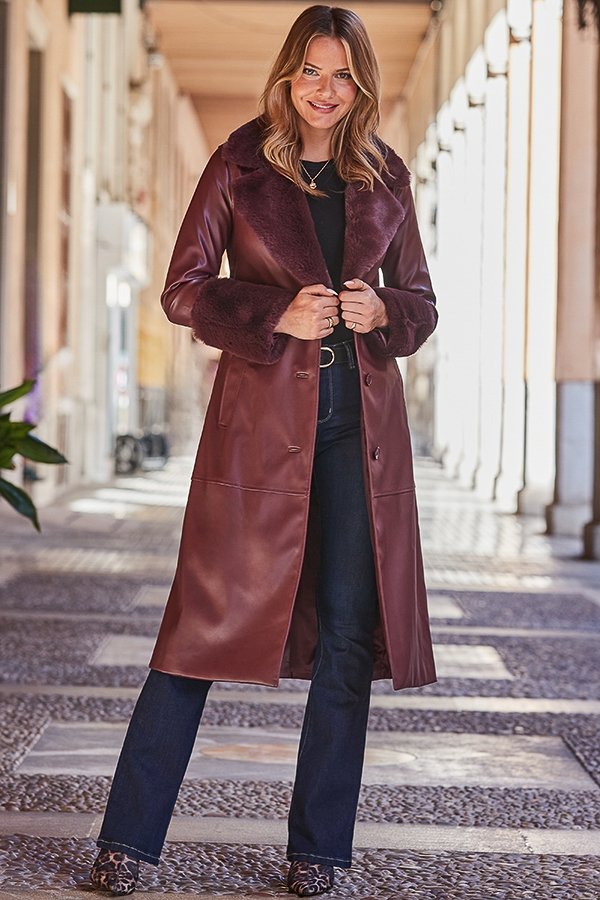 Burgundy Faux Leather And Sheepskin Coat