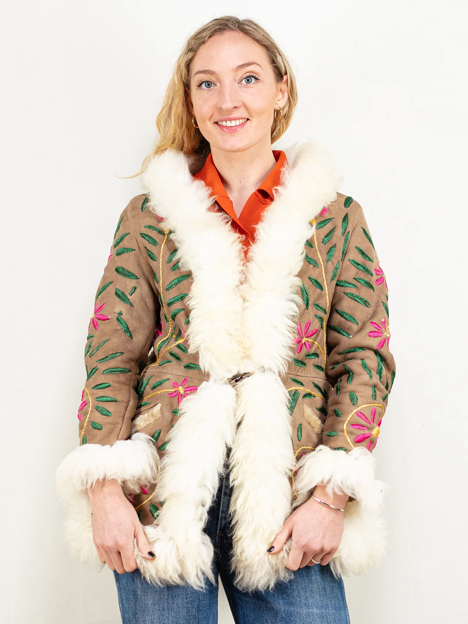 Embroidered Sheepskin Coat Womens